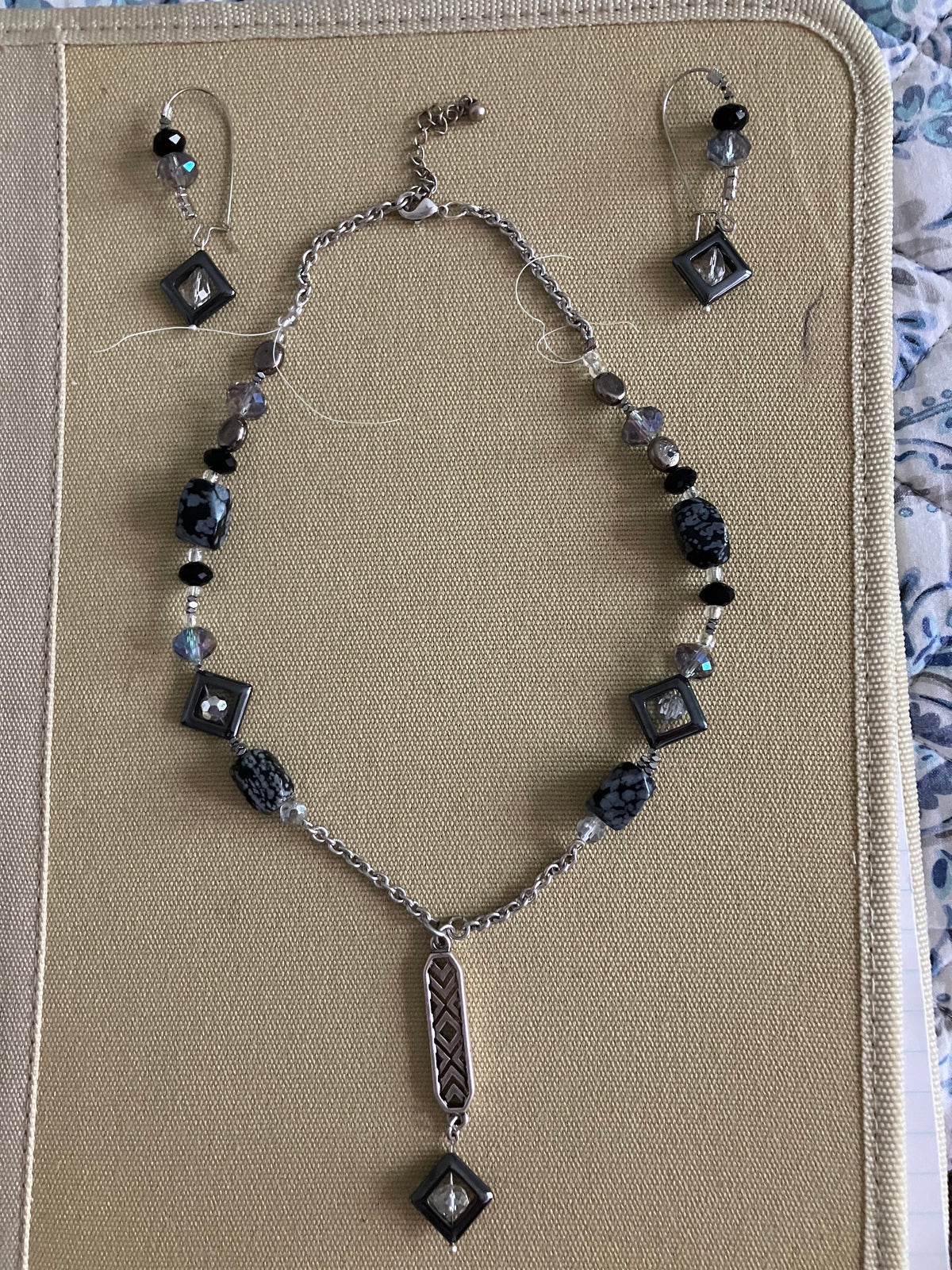 Foxy Grey Obsidian and Crystal Necklace Set