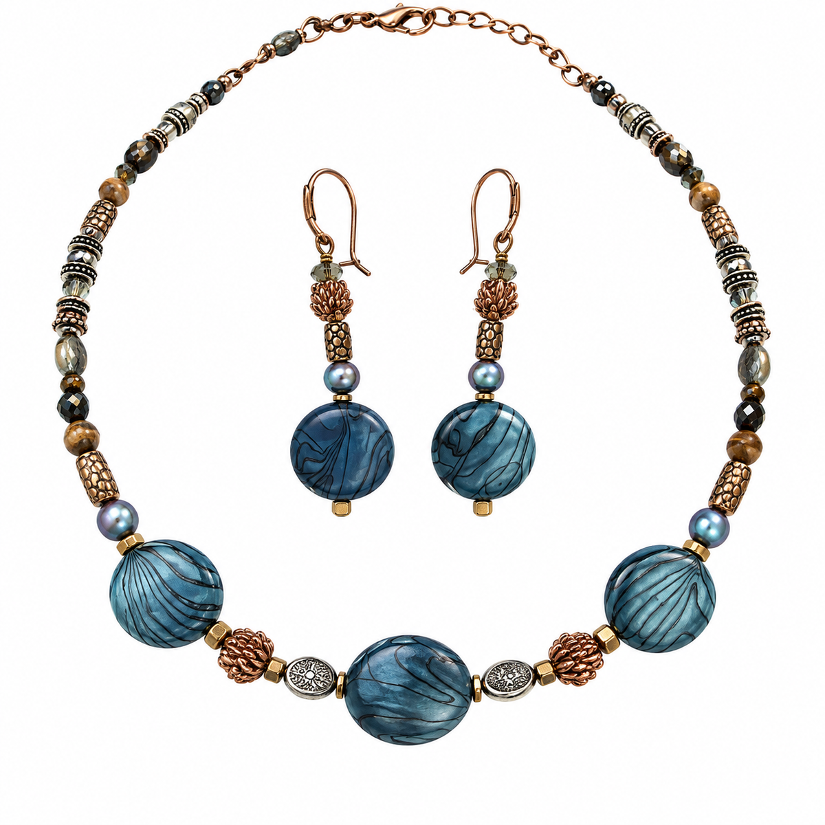 Blue Tiger Eye and Bronze Necklace Set