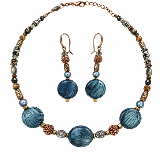 Blue Tiger Eye and Bronze Necklace Set