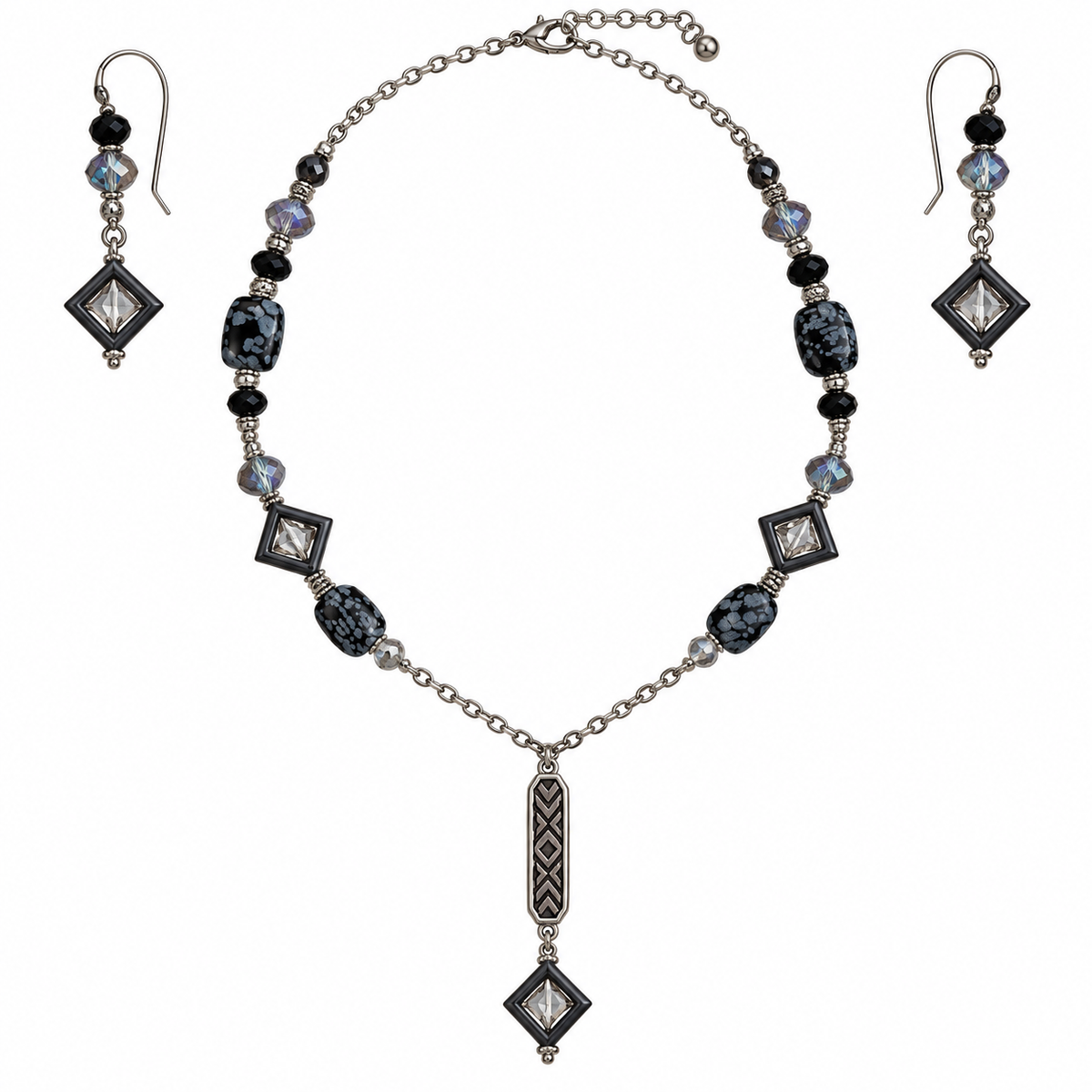 Foxy Grey Obsidian and Crystal Necklace Set